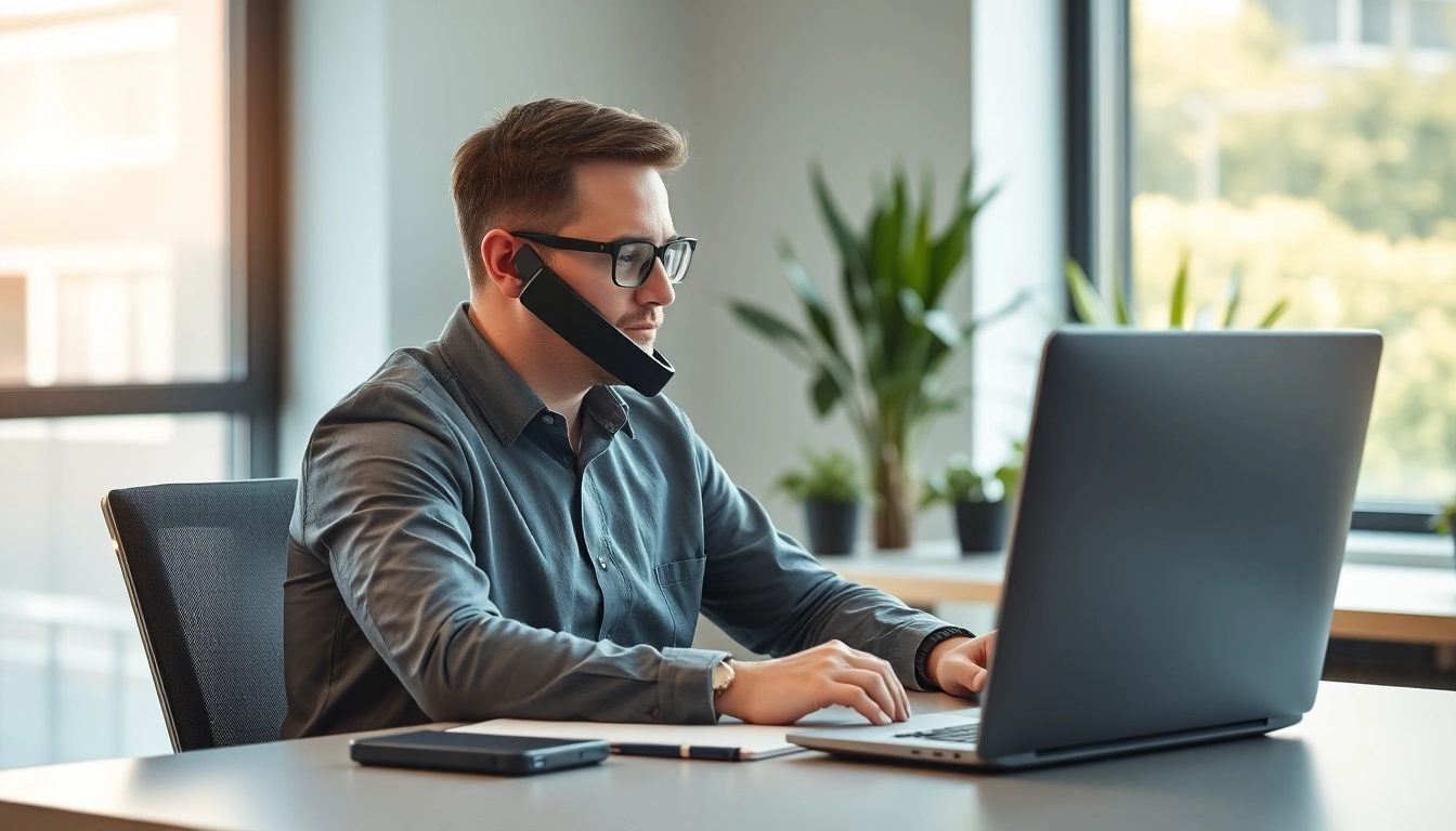 Headhunter bei einem wichtigen Telefongespräch in modernen Büroumgebung, zeigt Professionalität und Kompetenz.