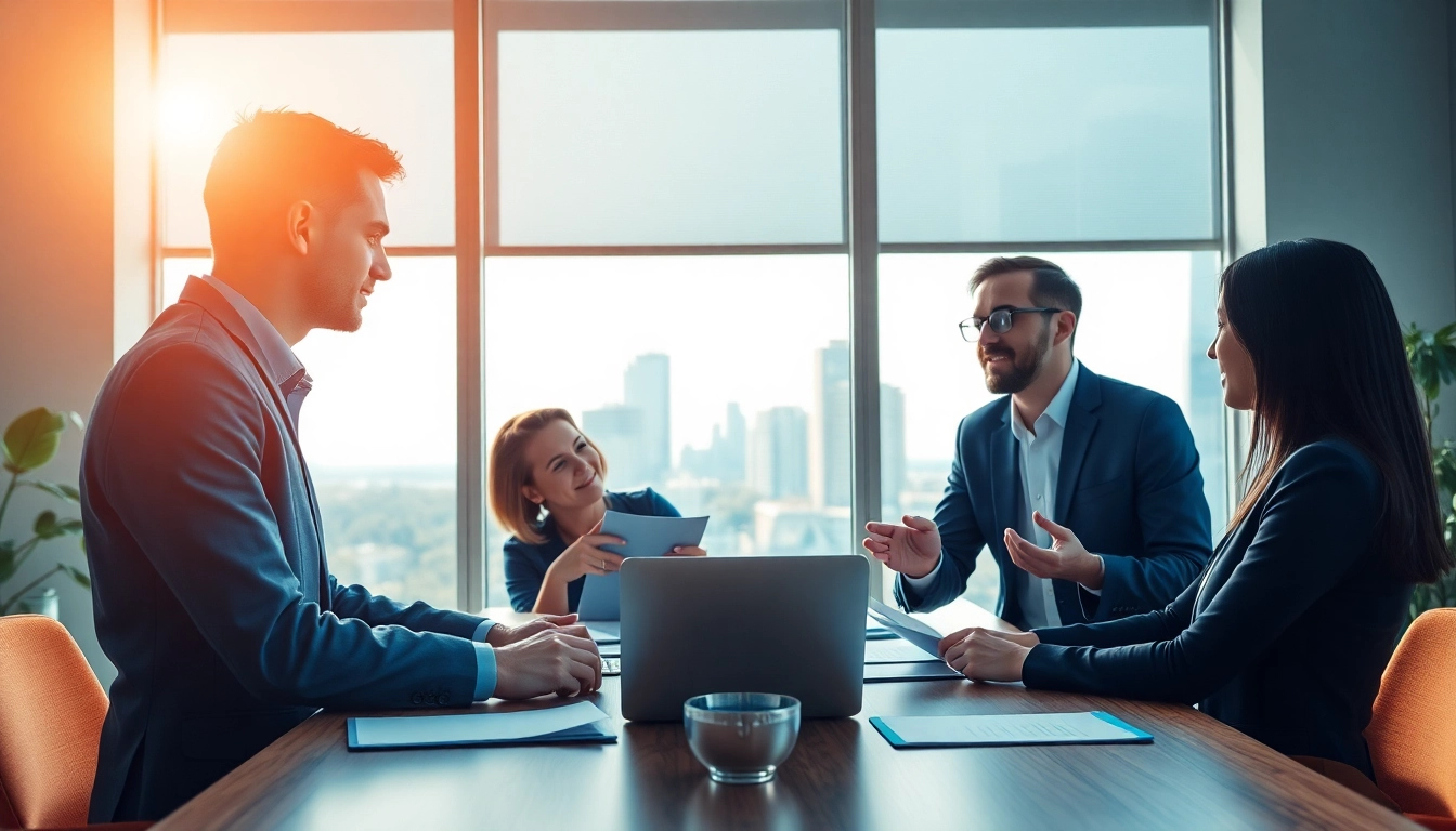 Headhunter Schweiz facilitates a professional meeting in a modern office, symbolizing success.