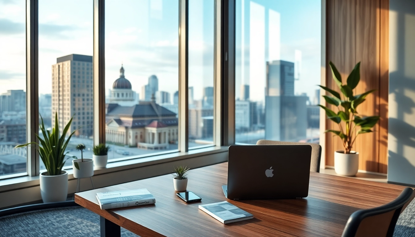 Professionelle Headhunter Berlin Umgebung mit moderner Büroeinrichtung und Blick auf die Skyline.