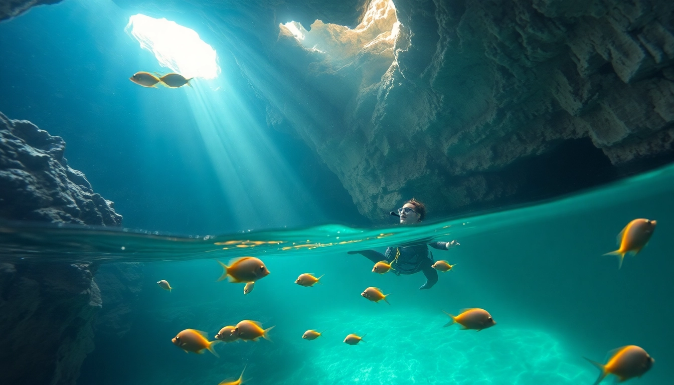 Tauchen Cenotes: Ein Taucher erkundet die kristallklaren Gewässer einer Cenote, umgeben von beeindruckenden Kalksteinformationen.