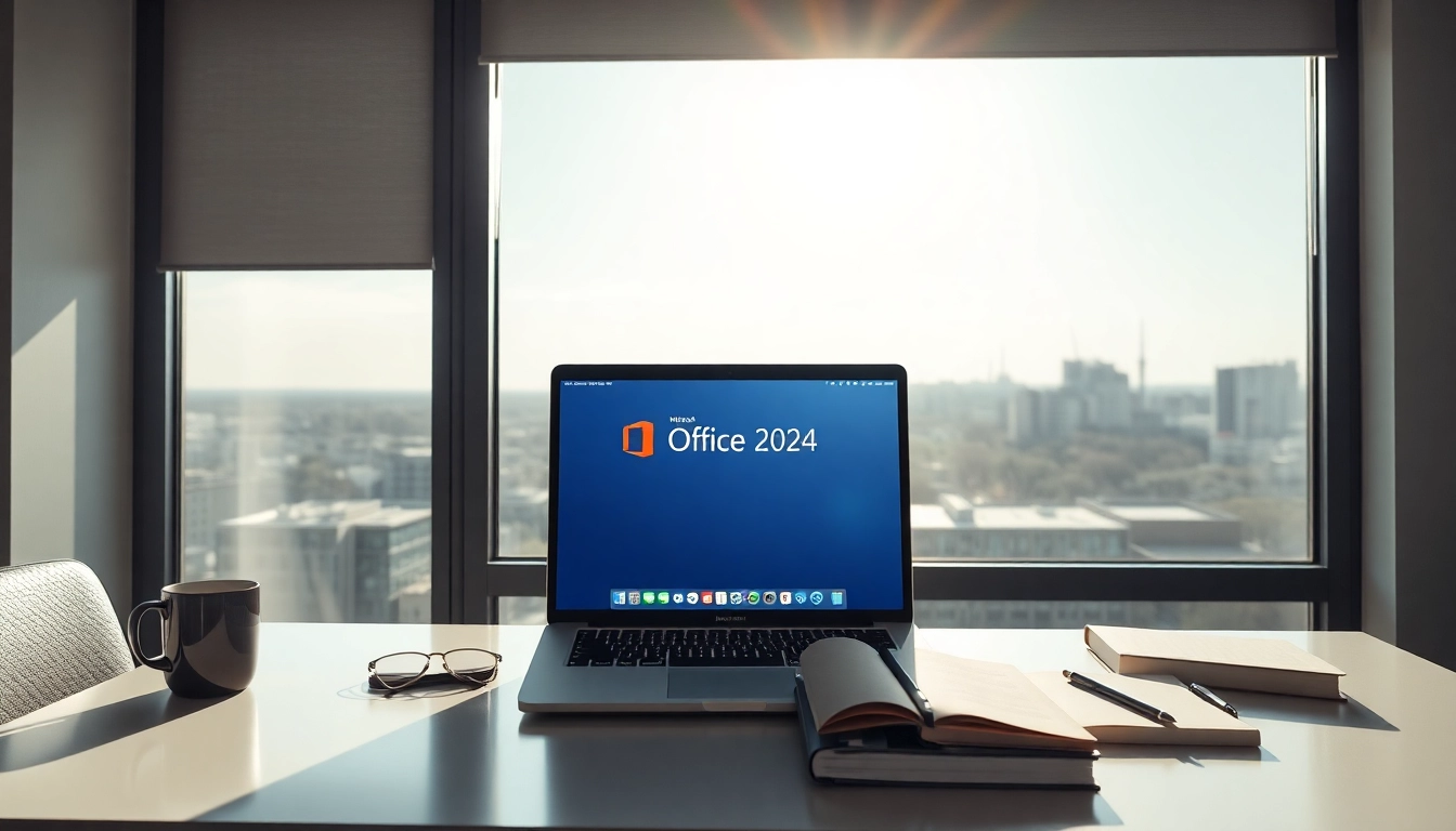 Microsoft Office 2024 Mac Vollversion auf einem MacBook in einem modernen Büro-Setting, mit Bildschirmansicht und stilvollen Büromaterialien.