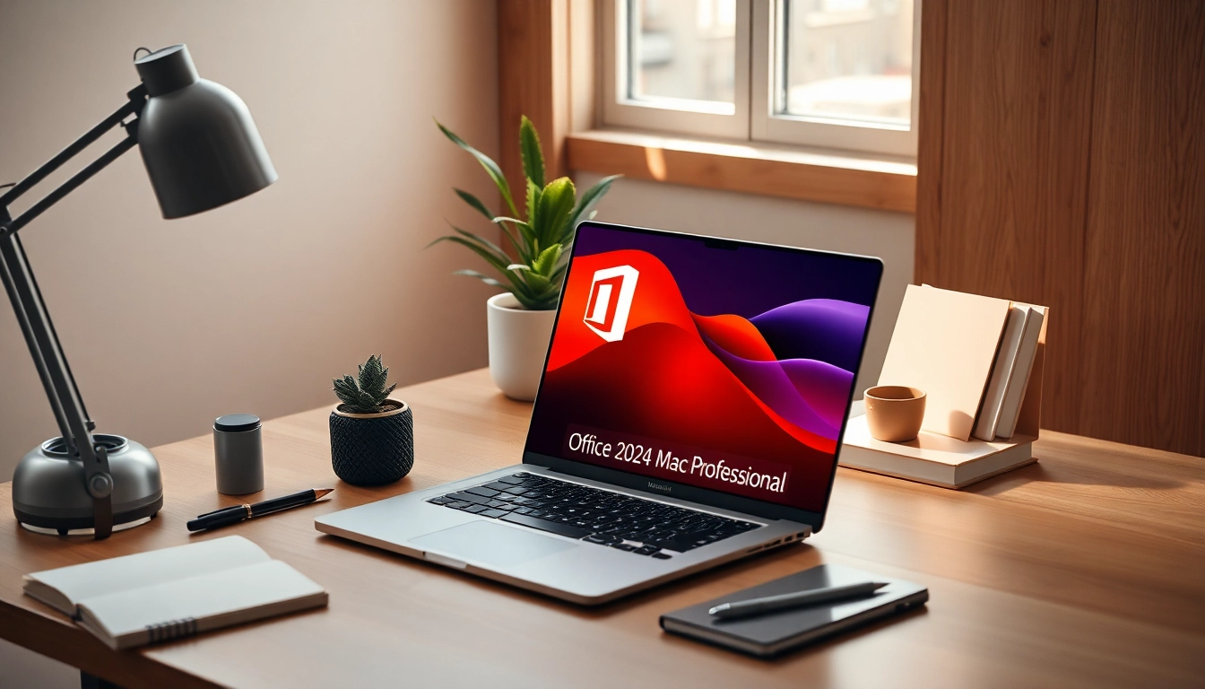 Entdecken Sie die Funktionen des Office 2024 Mac Professional in einem eleganten Arbeitsumfeld.