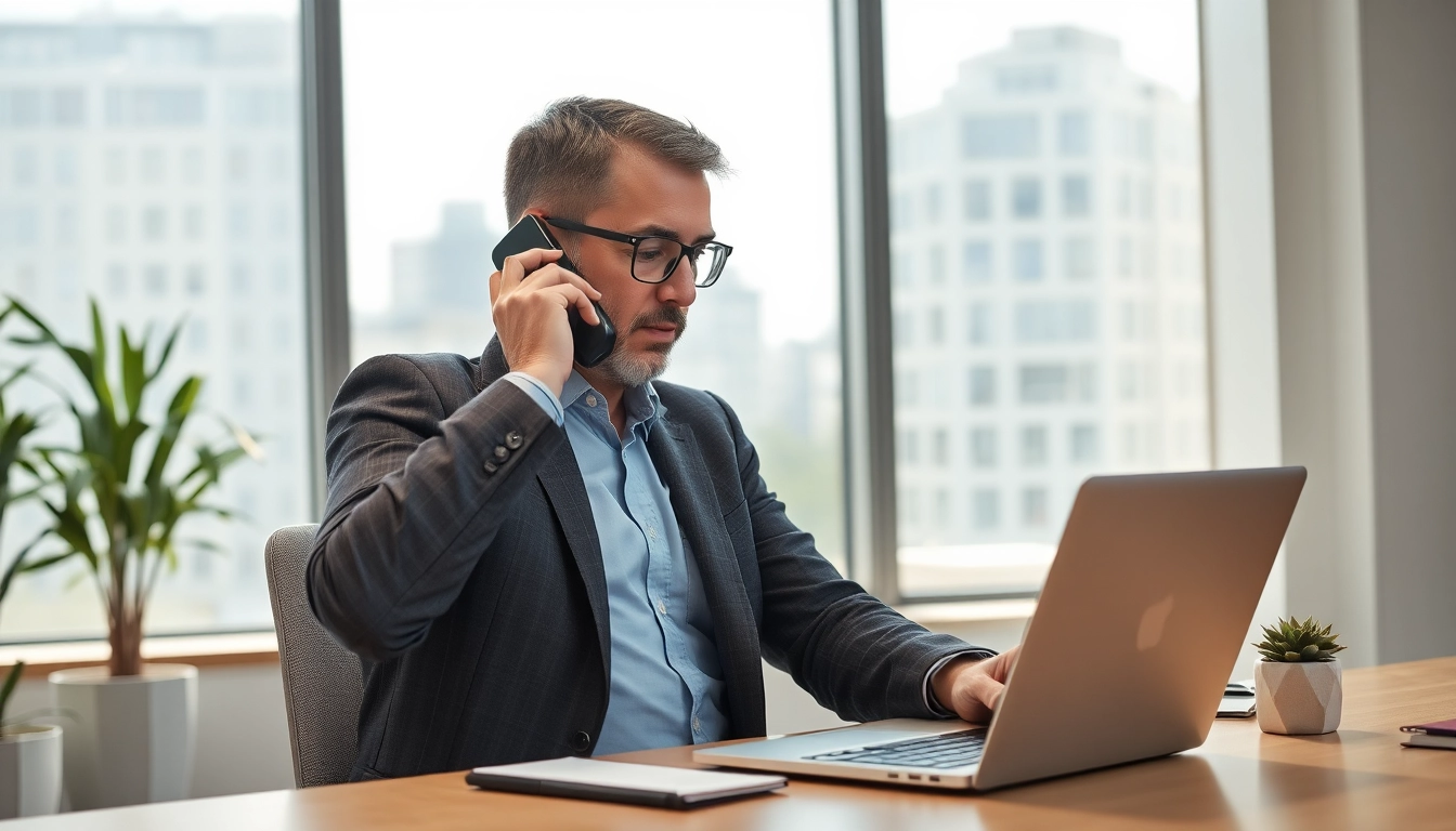 Headhunter IT, der mit einem Kandidaten am Telefon in modernem Büro spricht.