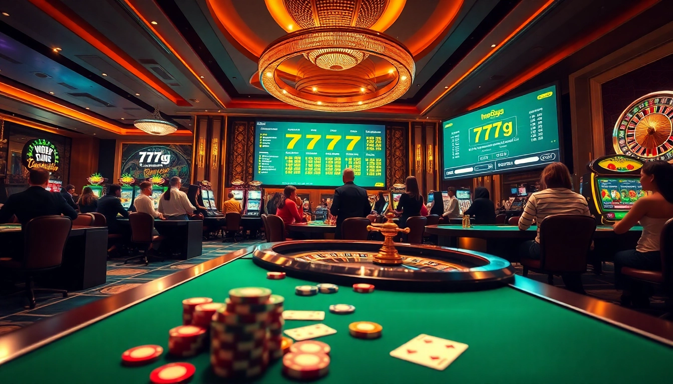 Betting action at 777g casino with vibrant tables and a roulette wheel.