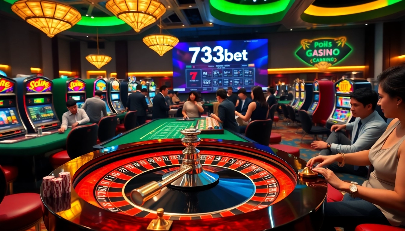 Exciting casino experience showcasing 733bet's poker chips and roulette table action.