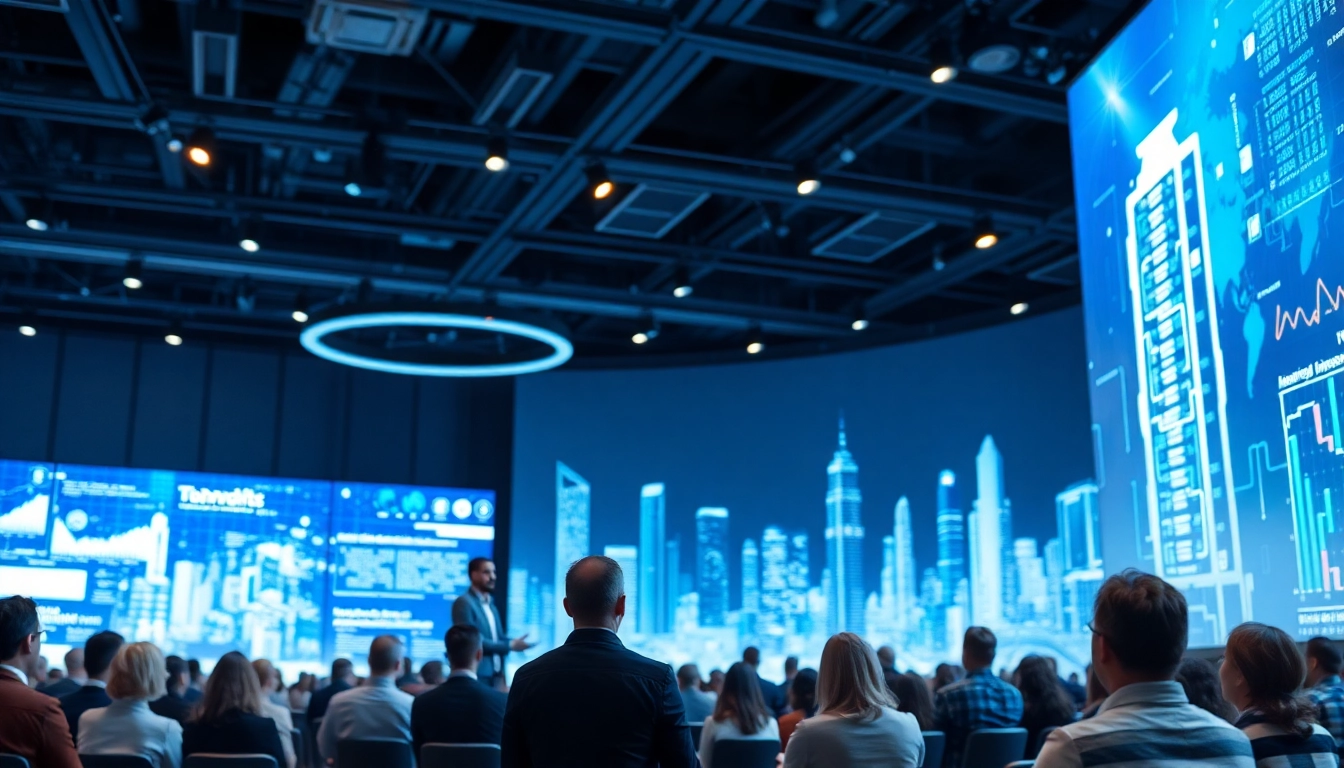 Technologie-Diskussionen auf einer Konferenz mit dynamischen digitalen Bildschirmen.