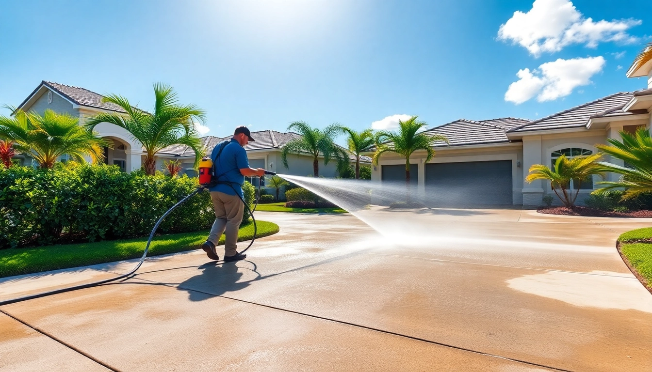Driveway pressure wash service in action, showcasing a professional crew cleaning a concrete driveway in Kissimmee, FL