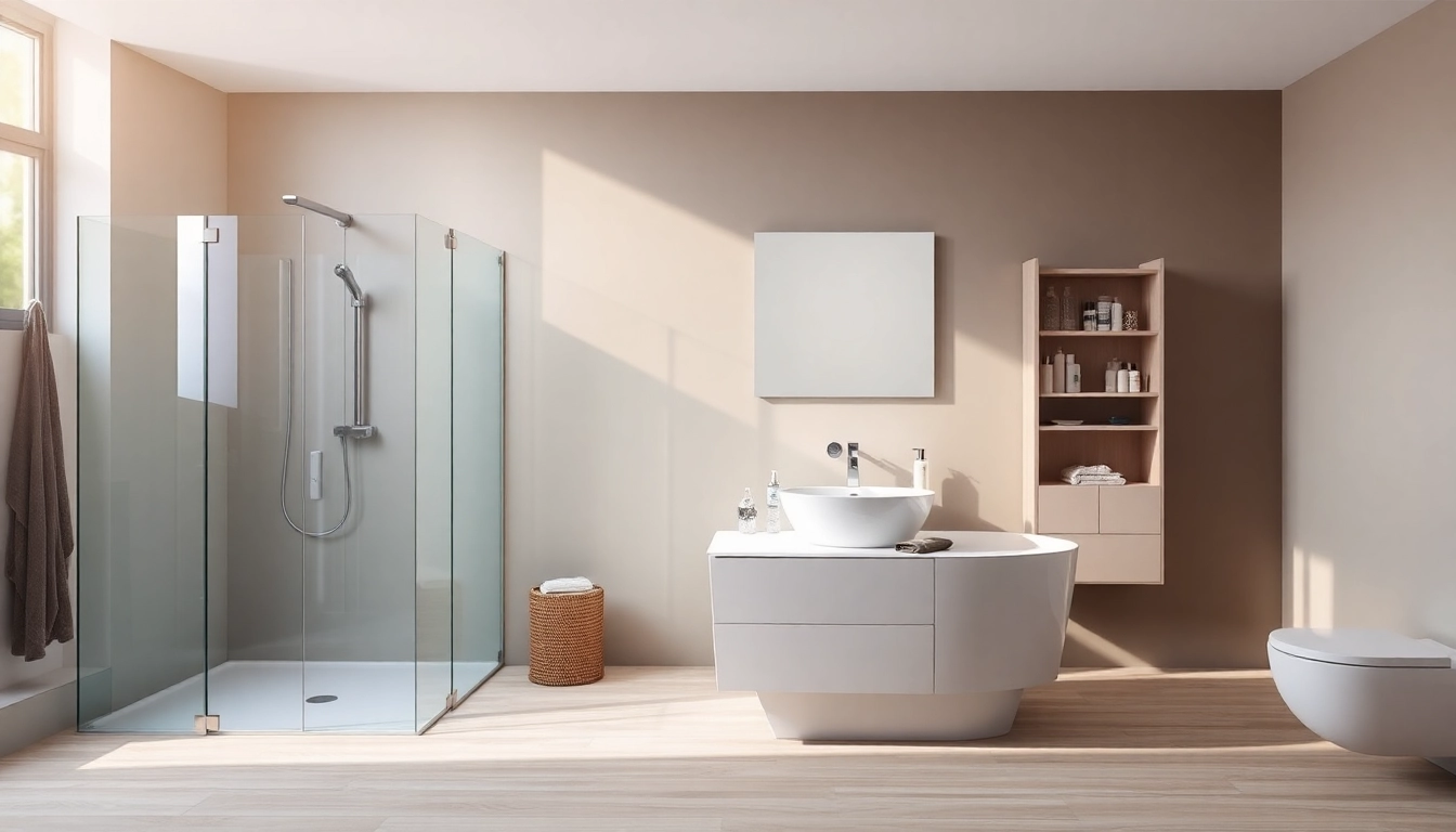 Das moderne Badezimmer mit Produkten von sonni sanitär GmbH zeigt eine elegante Duschkabine, stilvolle Badaccessoires und ein modernes Waschbecken.