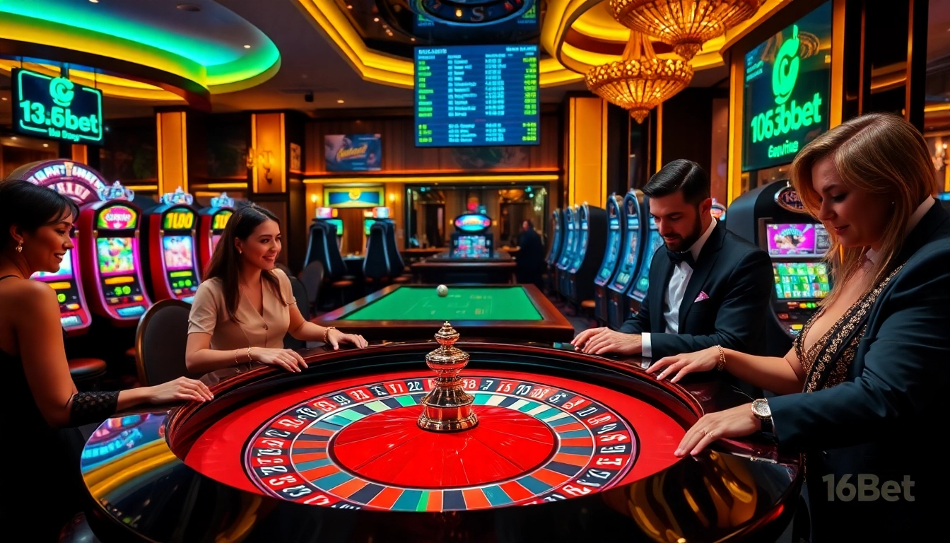 Exciting gambling scene at 136bet showcasing roulette and slot machines in a luxurious casino atmosphere.