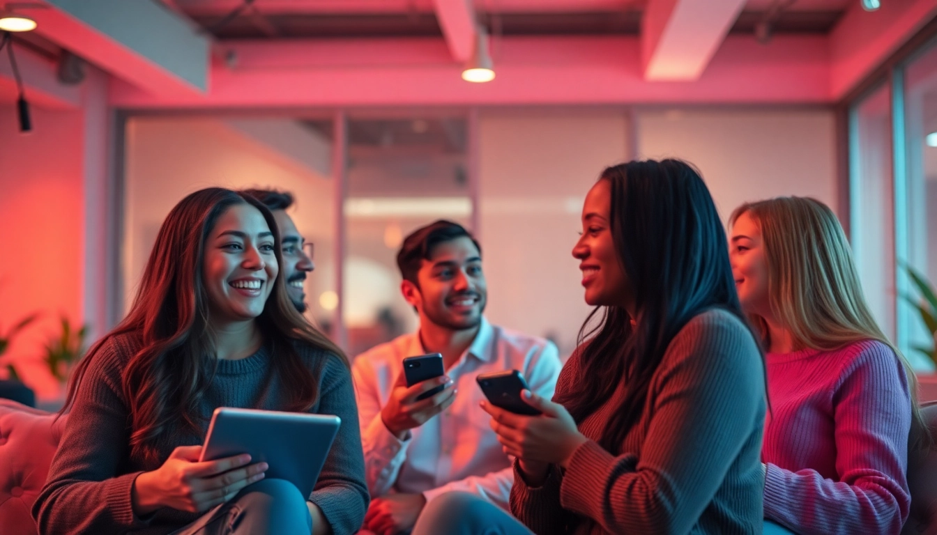 Engaging sex chat scene featuring diverse individuals in a warm, inviting digital environment.