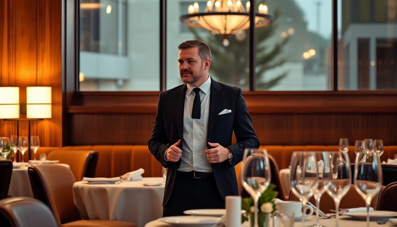 Professioneller Headhunter Gastronomie im Gespräch mit einem Gast in einem eleganten Restaurant.