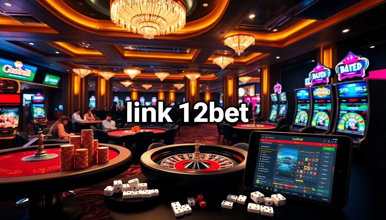 Immersive casino scene featuring link 12bet on screens, vibrant games, and high-stakes excitement.