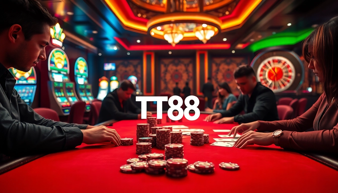 TT88 players enjoying a thrilling poker game surrounded by vibrant casino elements.