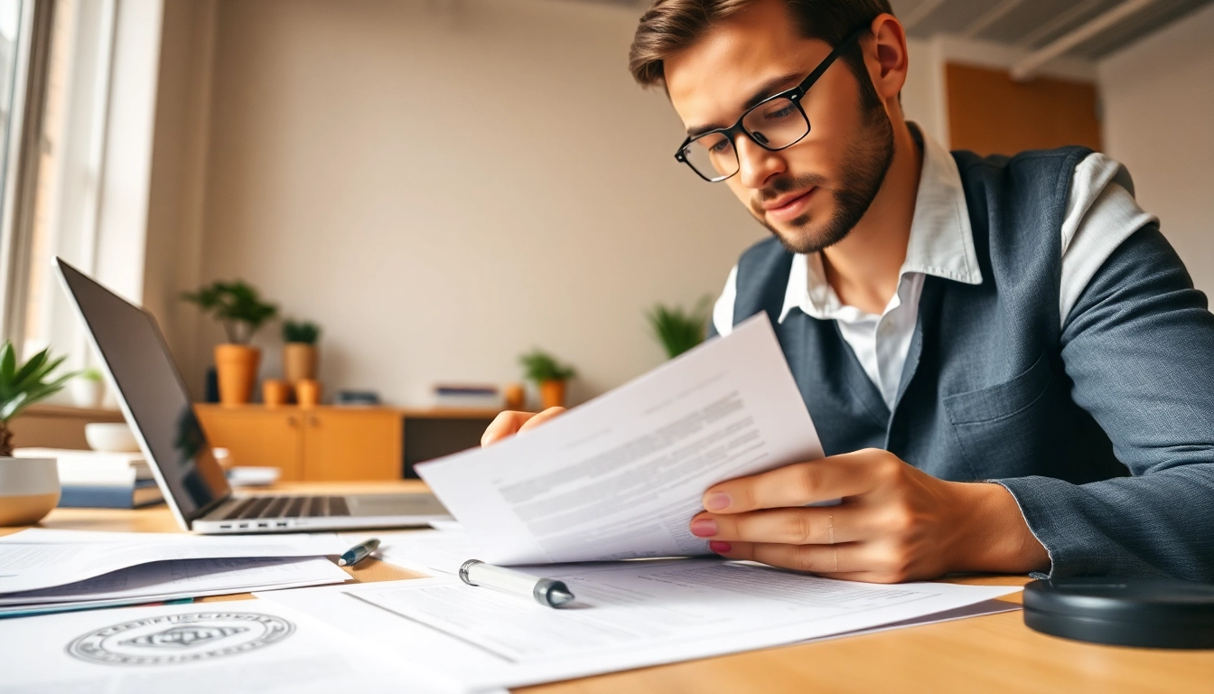 Professioneller Übersetzer überprüft Dokumente und vermittelt Vertrauen in Beglaubigte Übersetzer-Dienstleistungen.