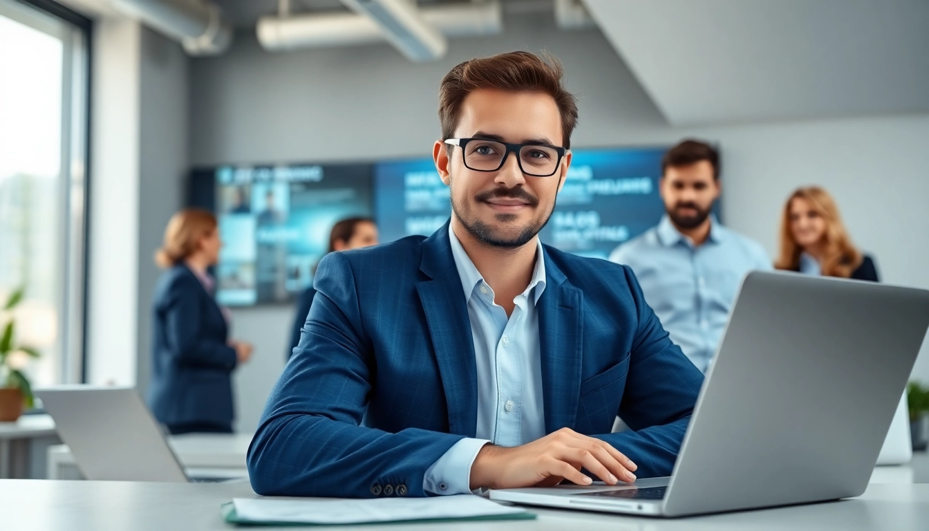 Headhunter IT interacts with clients in a modern office environment.