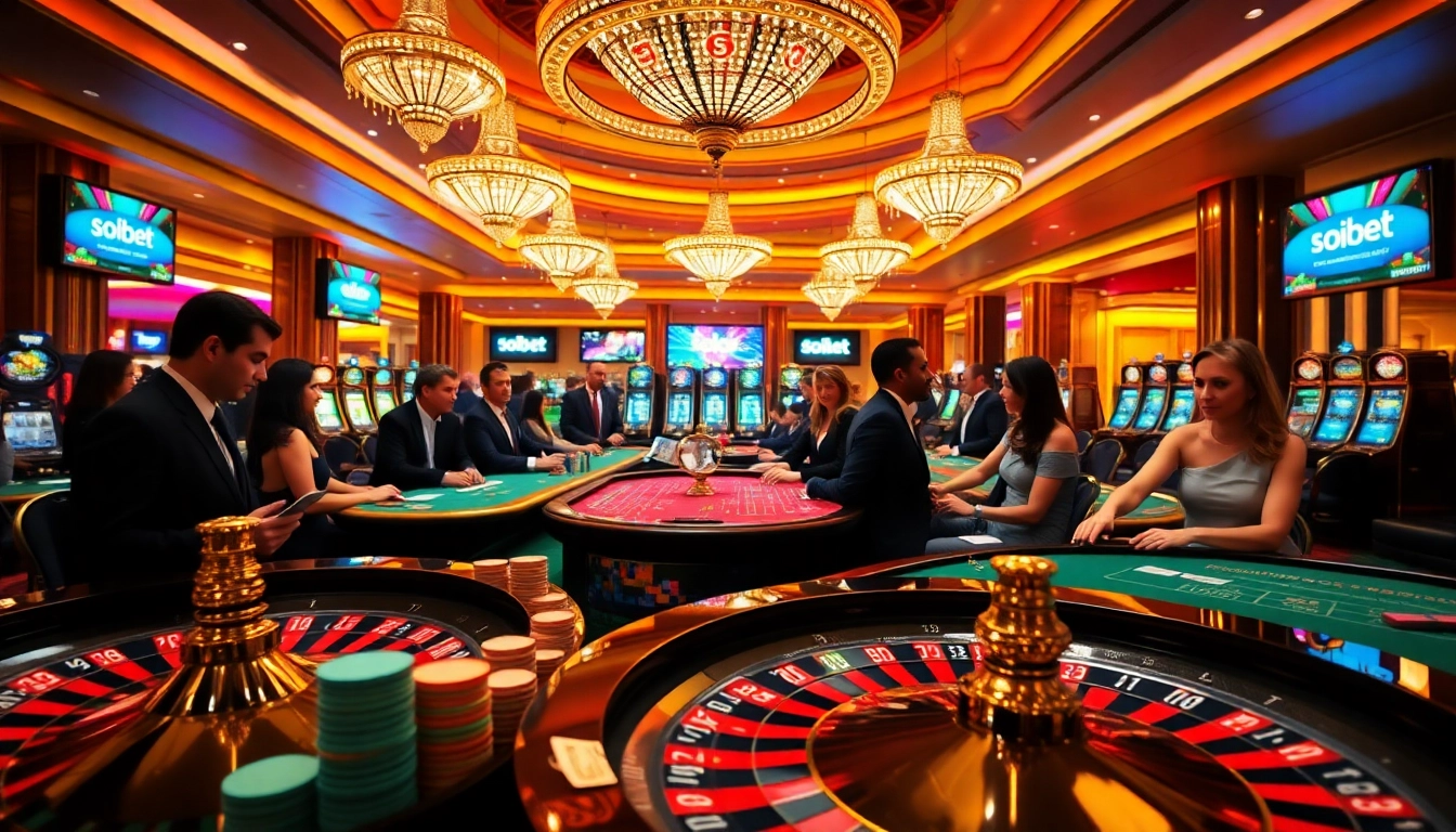 A thrilling scene at a casino featuring players engaging in games on soibet, complete with roulette and poker tables.