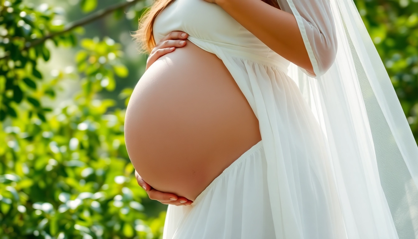 Aufnahme eines Babybauch Fotoshooting mit schwangerer Frau in natürlicher Umgebung.