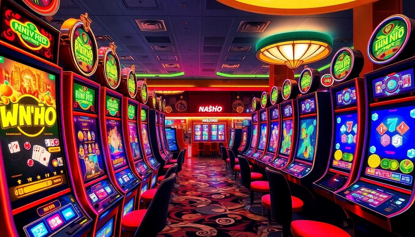 Nổ hũ slot machines lighting up with colorful graphics and exciting gameplay in a luxurious casino setting.