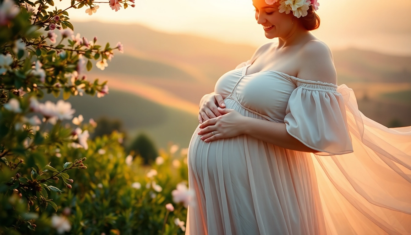 Babybauch Fotoshooting einer schwangeren Frau in der Natur mit sanften Farben.
