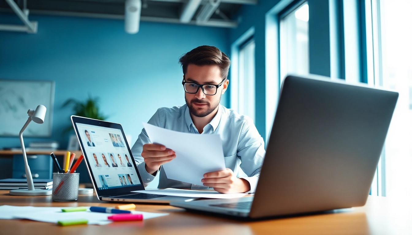 Headhunter IT analysiert Lebensläufe in einem modernen Büro.