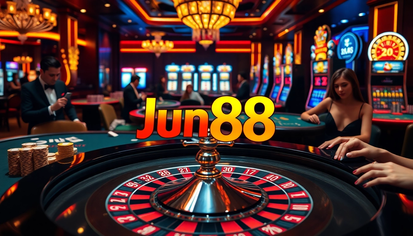 Jun88 logo showcased at a luxury casino table with vibrant action and excitement.