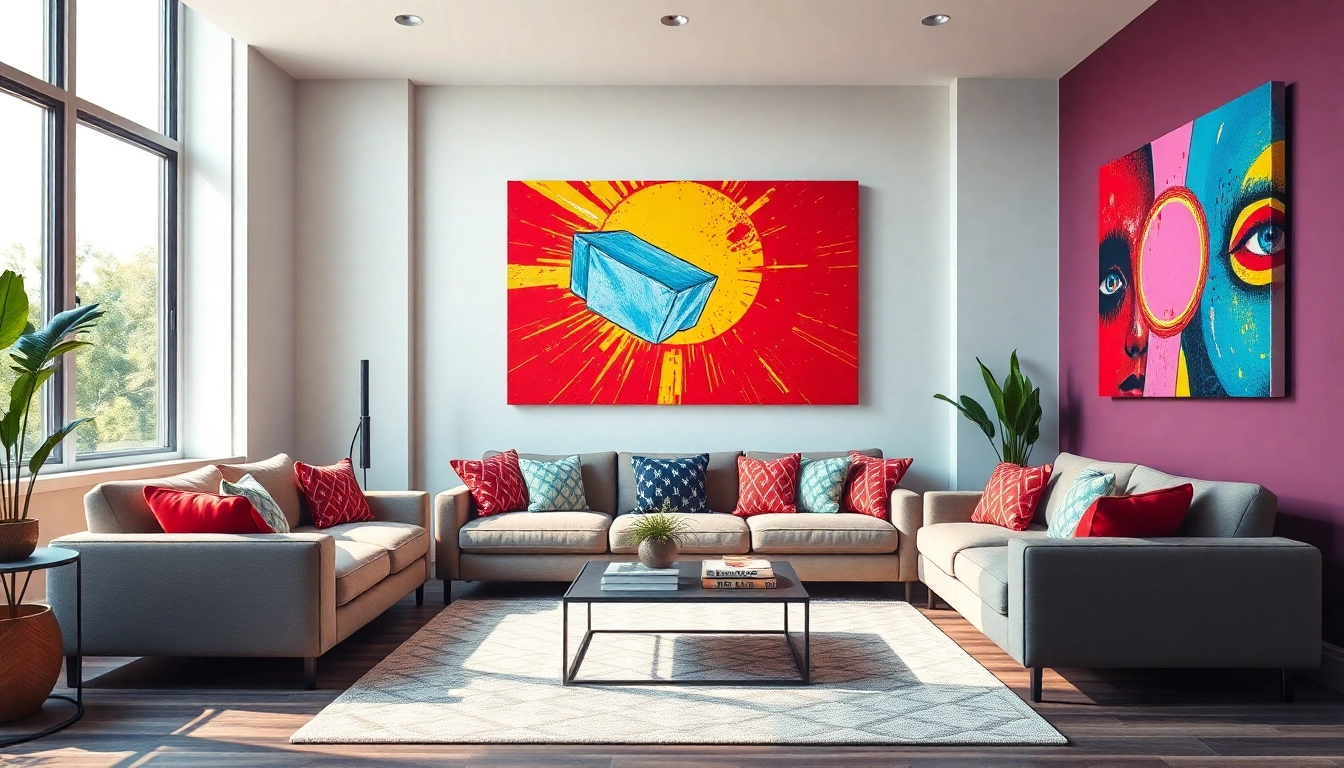 Lebendig gestaltetes Wohnzimmer mit einer großen Pop-Art-Leinwand als Blickfang, die energiegeladenen Farben und zeitgenössische Dekoration präsentiert.