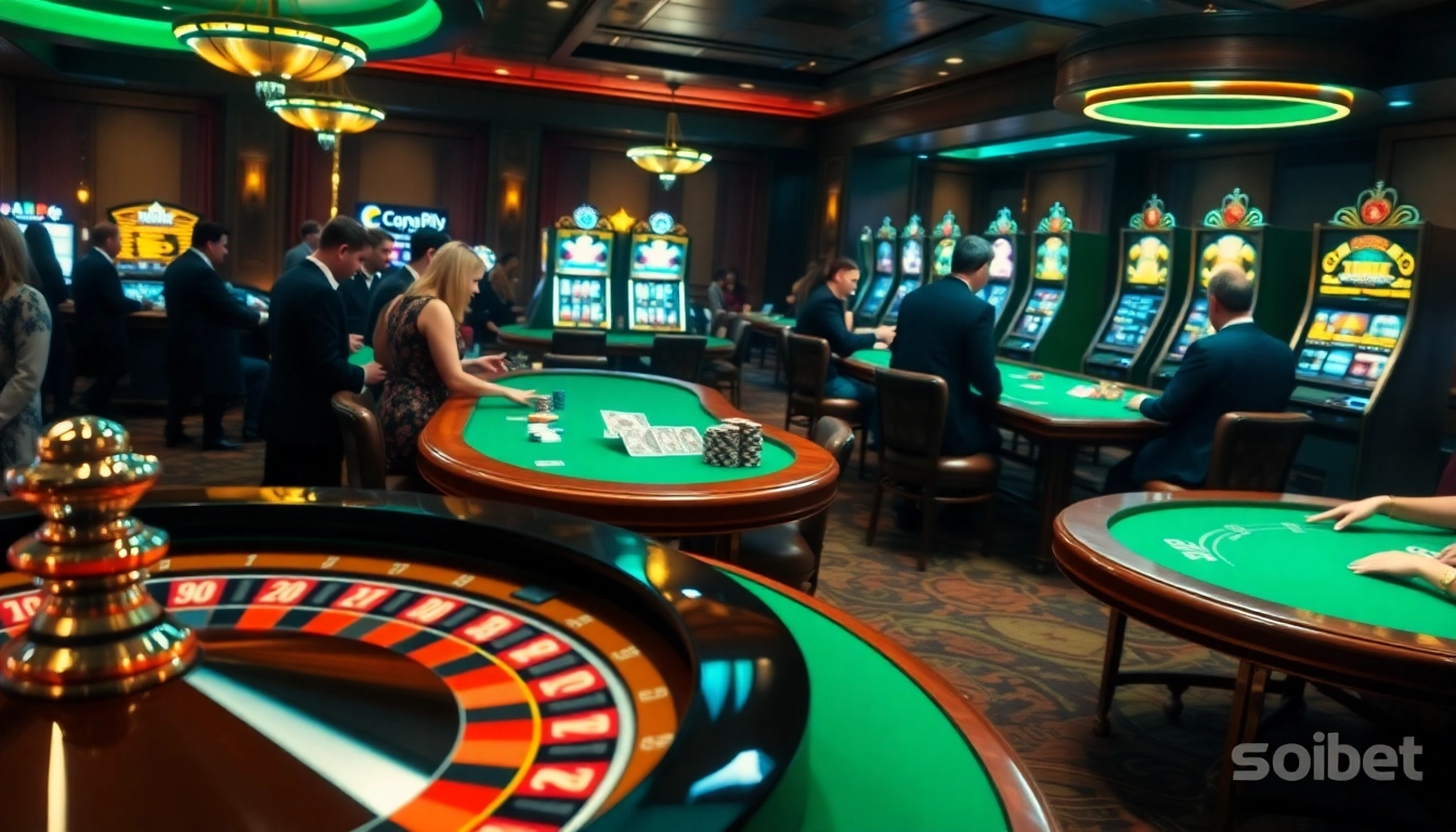 Experience the thrill of gambling at Soibet casino with vibrant tables and excited players.