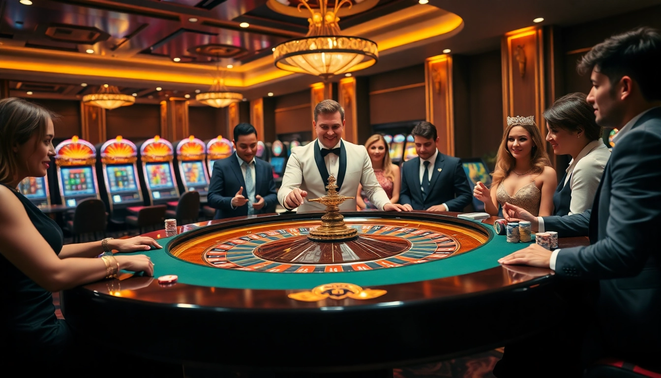 Người chơi ăn mừng những chiến thắng lớn tại casino LUCK8 với chip poker và hoạt động trên bàn roulette.