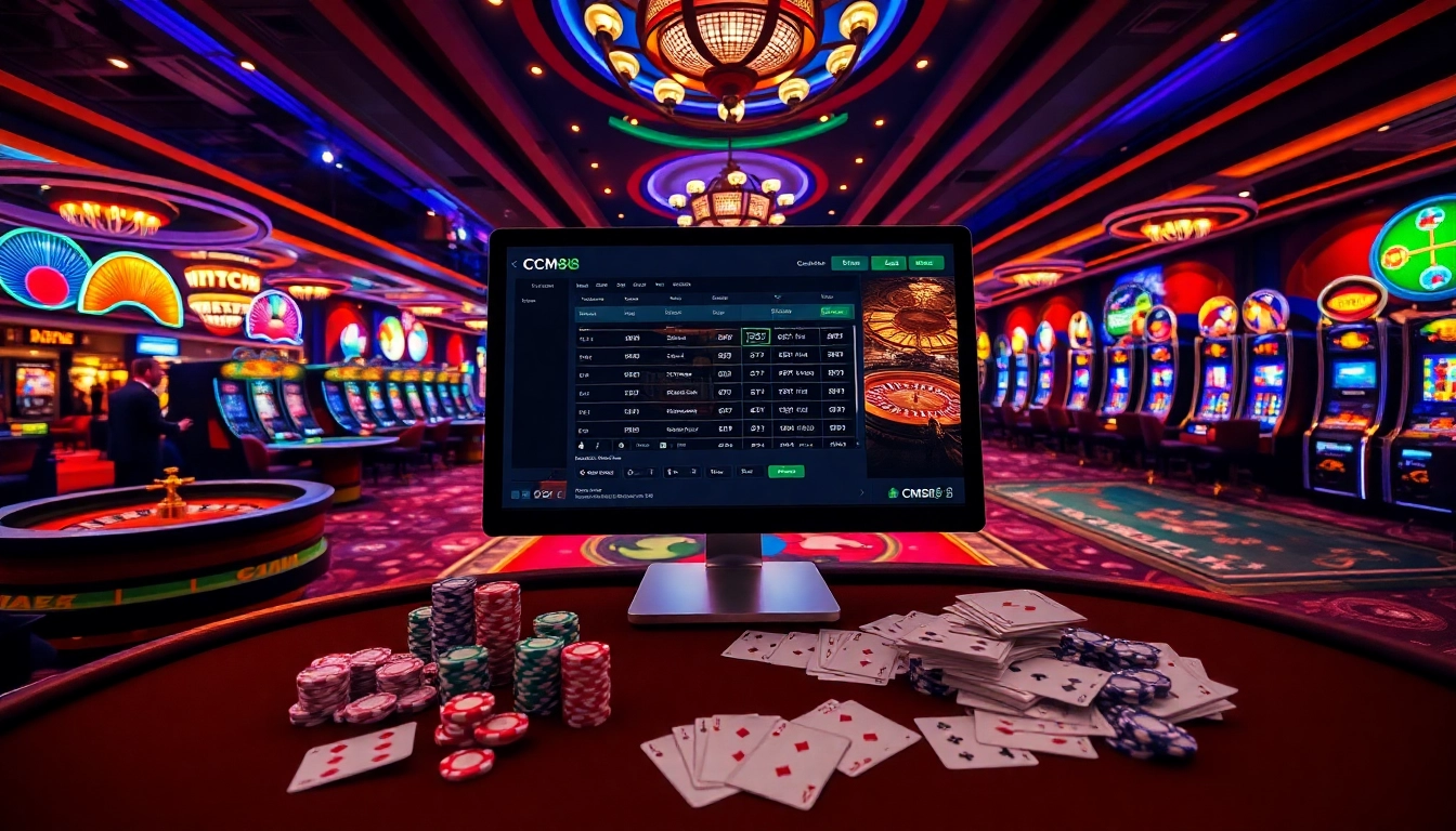 Experience the excitement of CM88 with a luxurious online casino scene featuring roulette and poker chips.