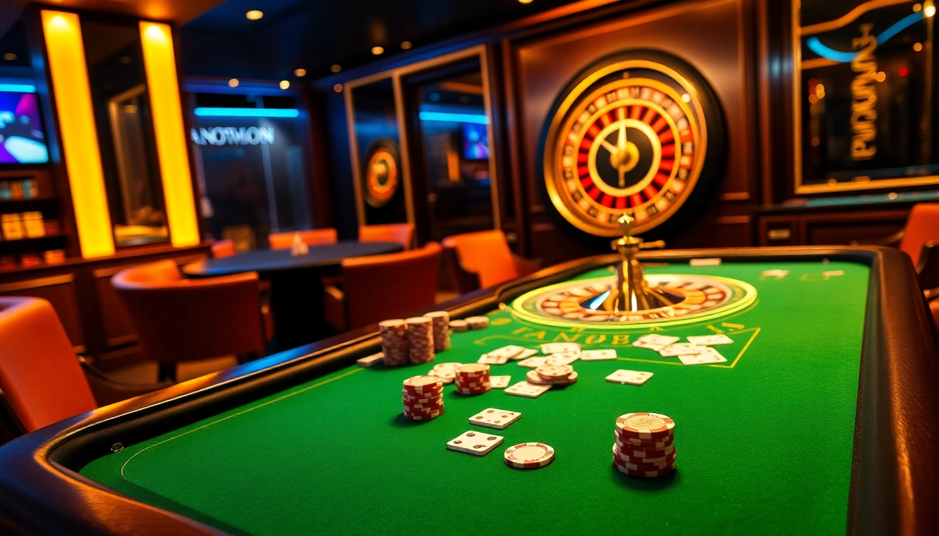 Engaged gamblers reviewing tỷ lệ kèo nhà cái 5 at a vibrant casino table with cards and chips.