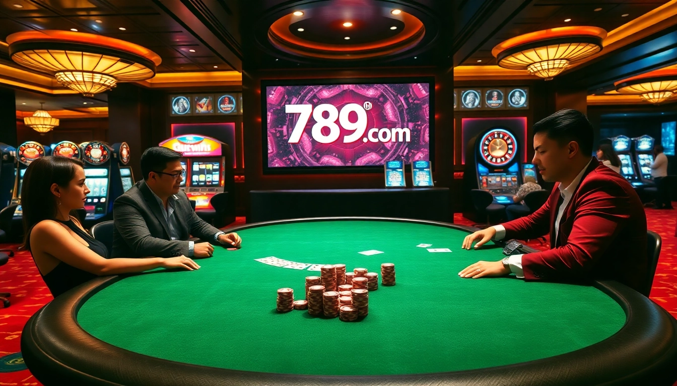Exciting poker game at 789win com with stylish players and vibrant casino atmosphere.