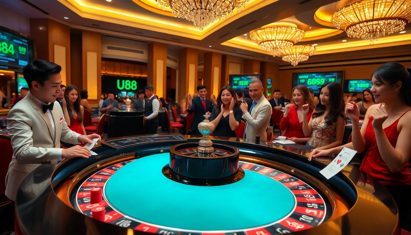U888 casino experience featuring vibrant roulette action and glamorous players winning.