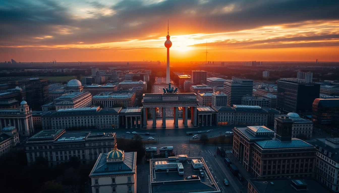 Drohnenfotos Berlin zeigen eine atemberaubende Sicht auf die Stadt mit dem Brandenburger Tor.