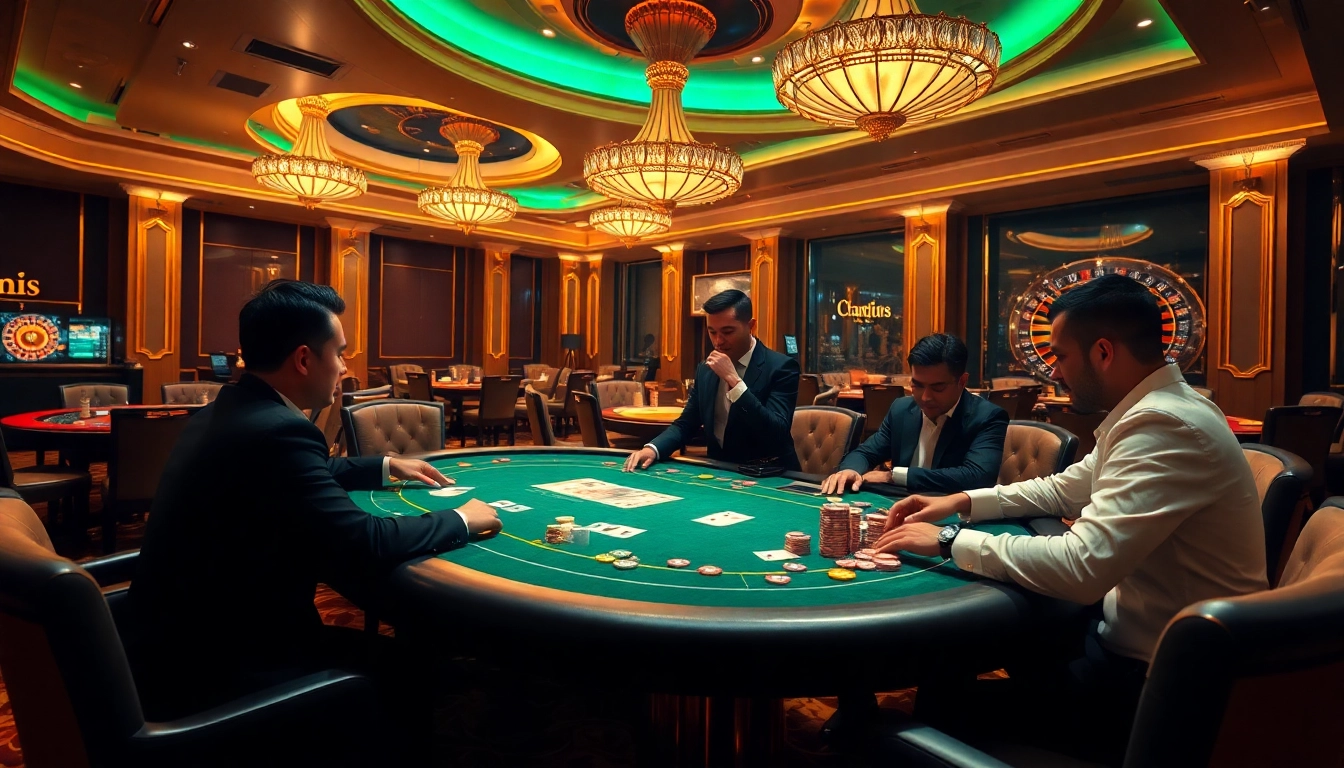 23win players enjoying an exciting poker game in a luxury casino setting with vibrant chips and warm lighting.