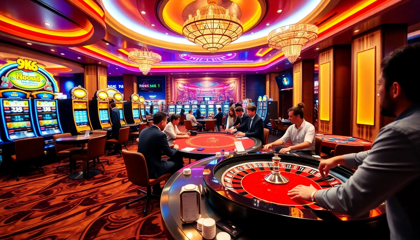 Experience thrilling gameplay at NK88, featuring poker and roulette in a luxurious casino setting.