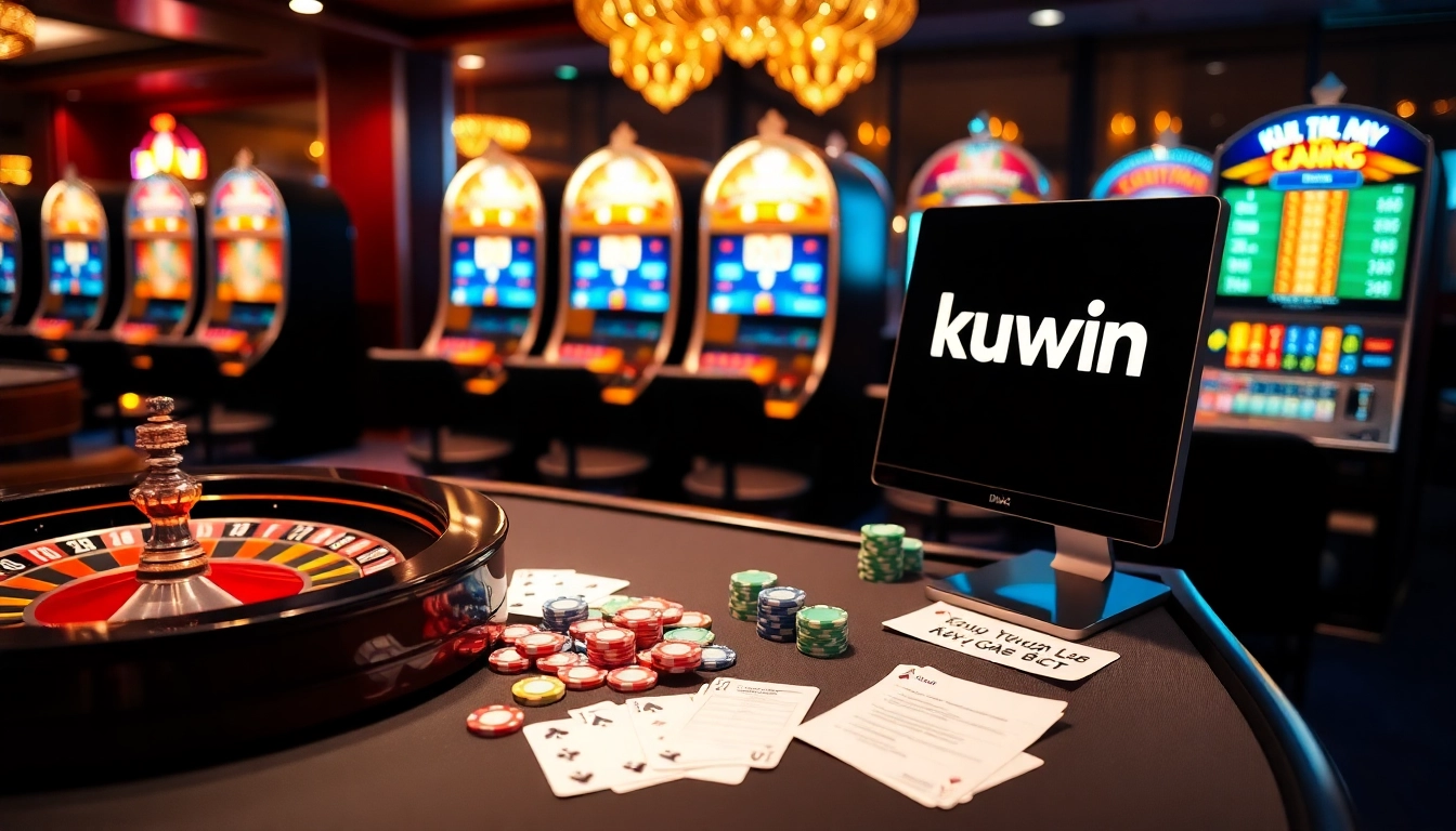 Kuwin đăng nhập on a vibrant online casino interface showcasing poker chips and slot machines.
