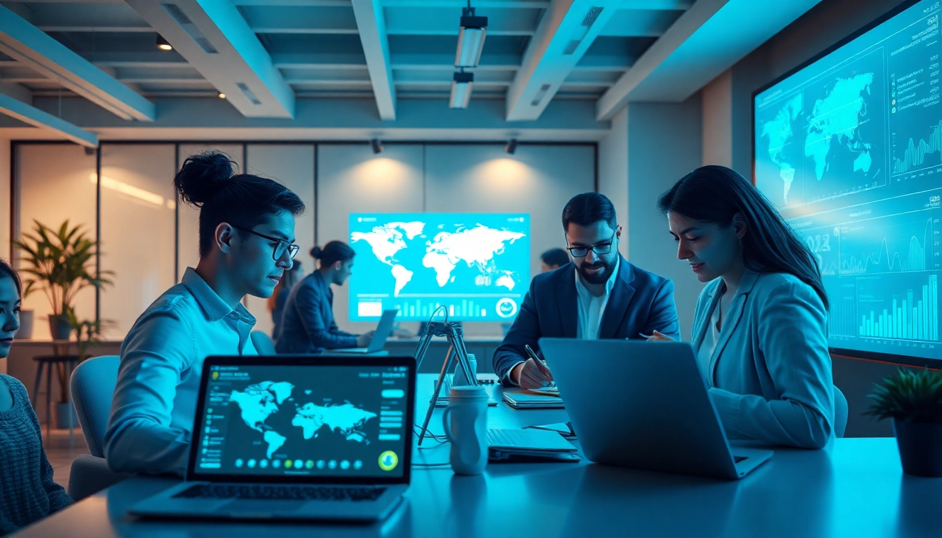 Innovative workspace illustrating 快连官网's technology with diverse professionals and network performance.