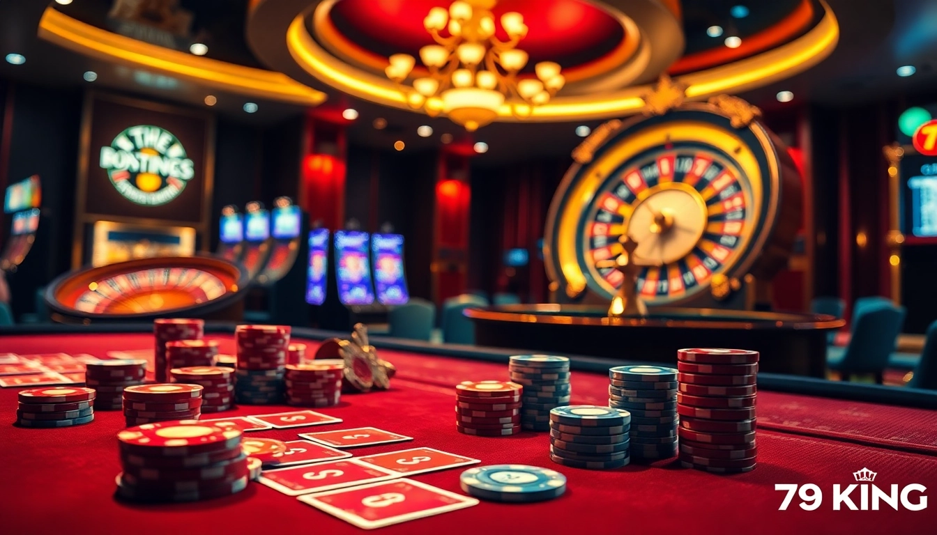 Engaging view of a vibrant casino scene featuring 79KING's poker table with cards and chips.