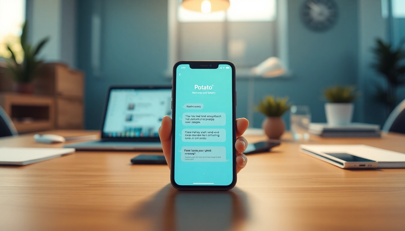 Showcasing the Potato下载 app interface for secure communication on a smartphone amidst modern tech.