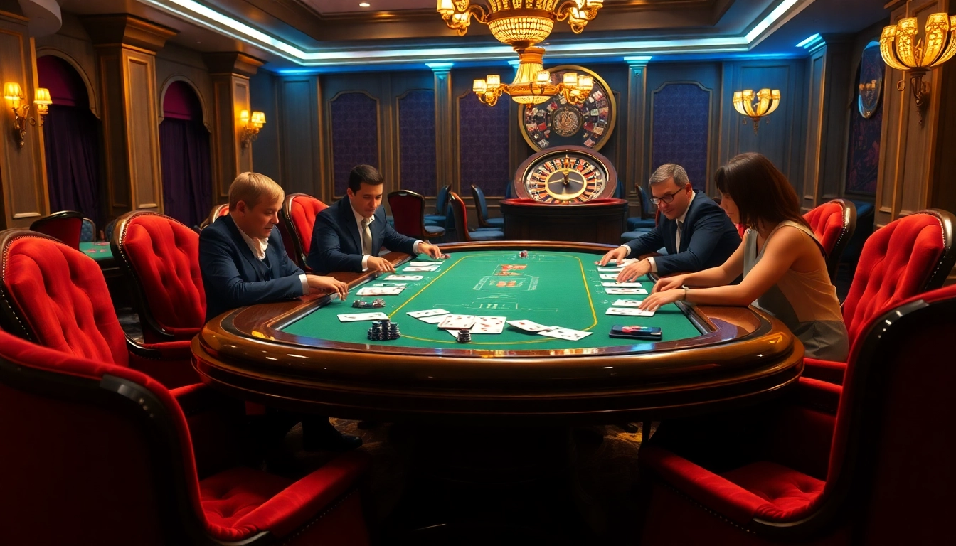 Players enjoying a thrilling poker game at IWIN68, showcasing excitement and luxury.