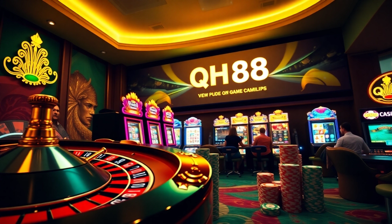 Experience thrilling gaming action at qh88 with vibrant casino tables and colorful poker chips.
