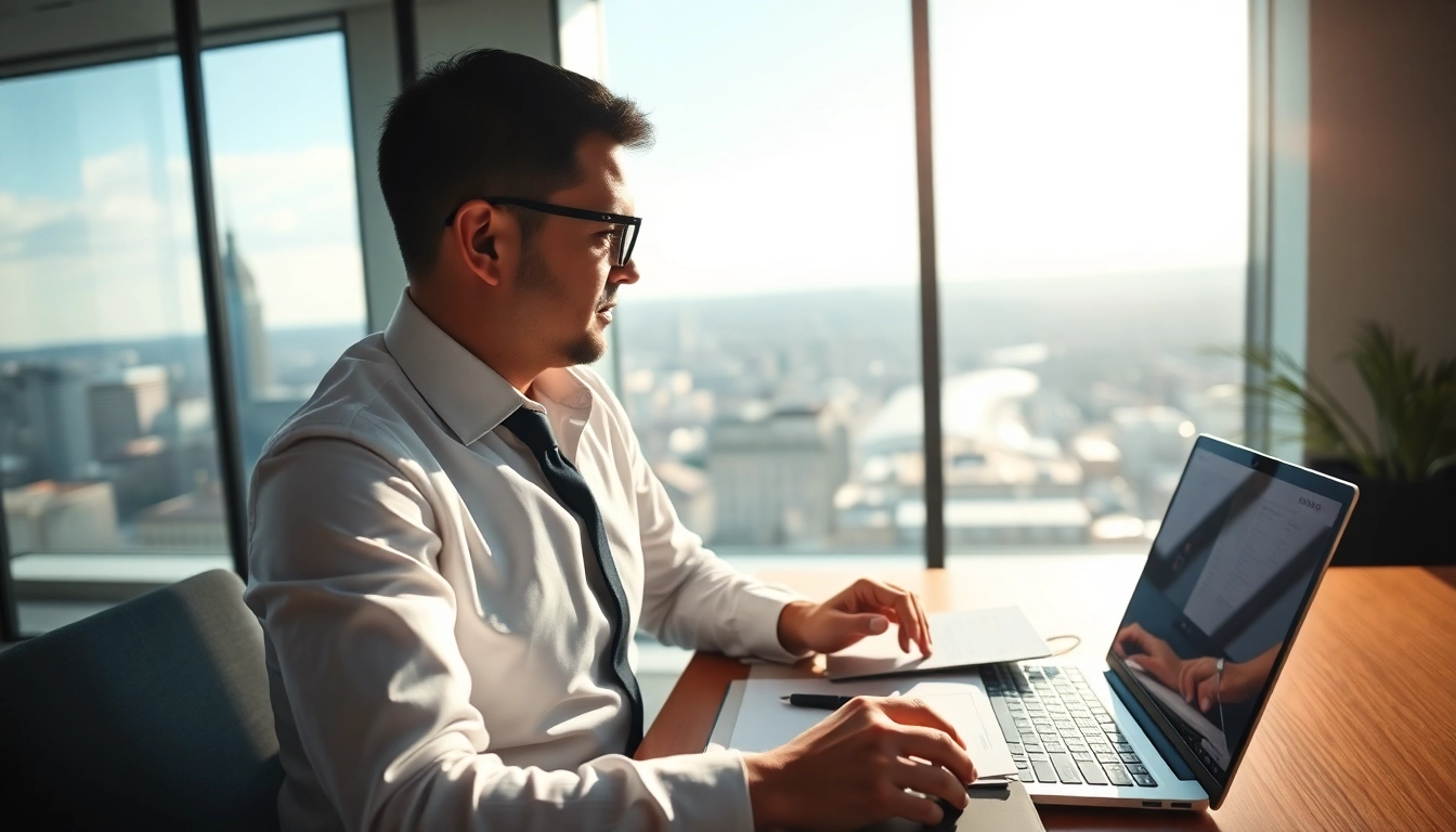 Headhunter Schweiz arbeitet professionell in einem modernen Büro mit Stadtblick