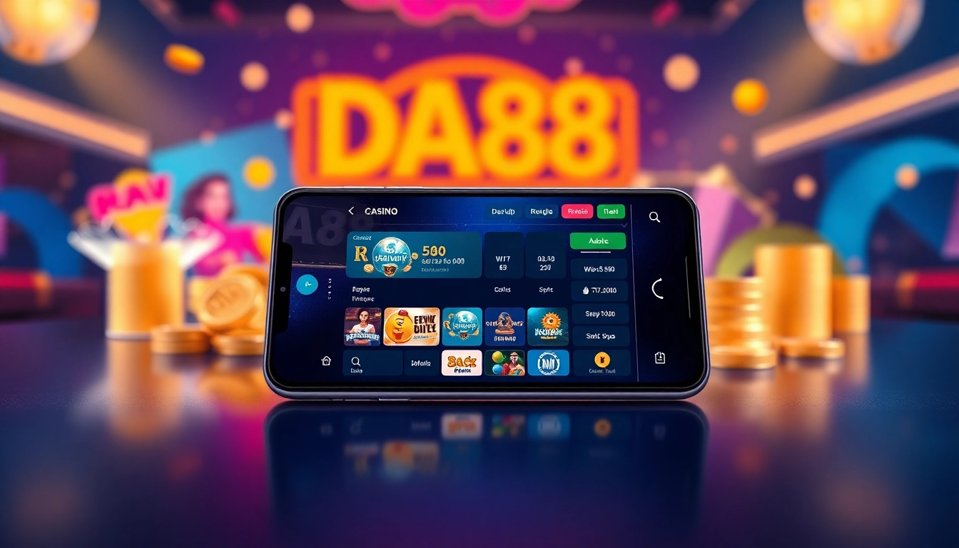 Tải App Da88 on a smartphone in a vibrant digital casino setting, showcasing engaging gaming elements.