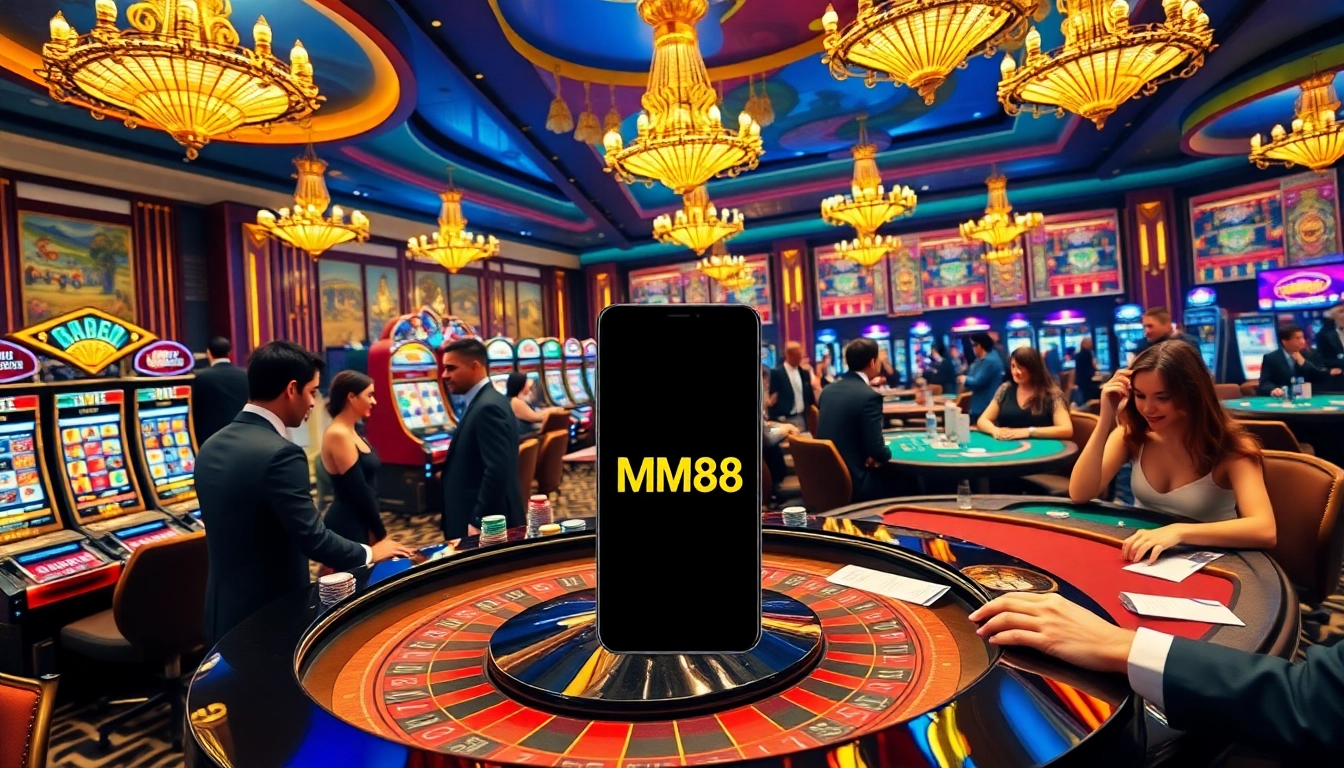 Players enjoying excitement at the MM88 casino, surrounded by colorful slot machines and poker games.
