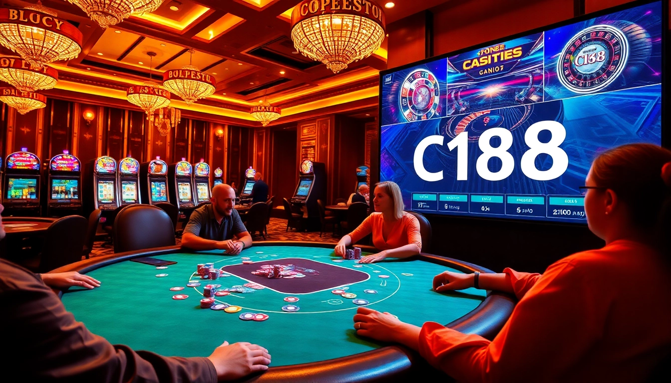 Players strategize at a lively poker table in a casino with C168 betting options visible.
