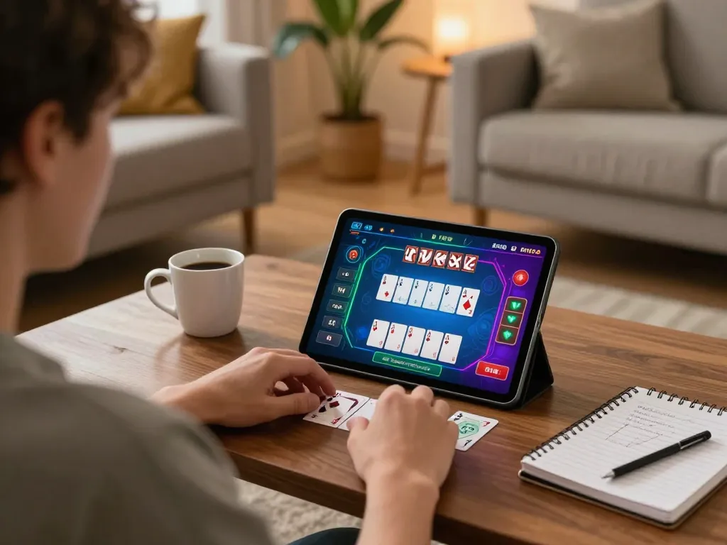Engaging scene showing VIN88 online poker gameplay on a tablet in a cozy home environment, emphasizing strategic entertainment.
