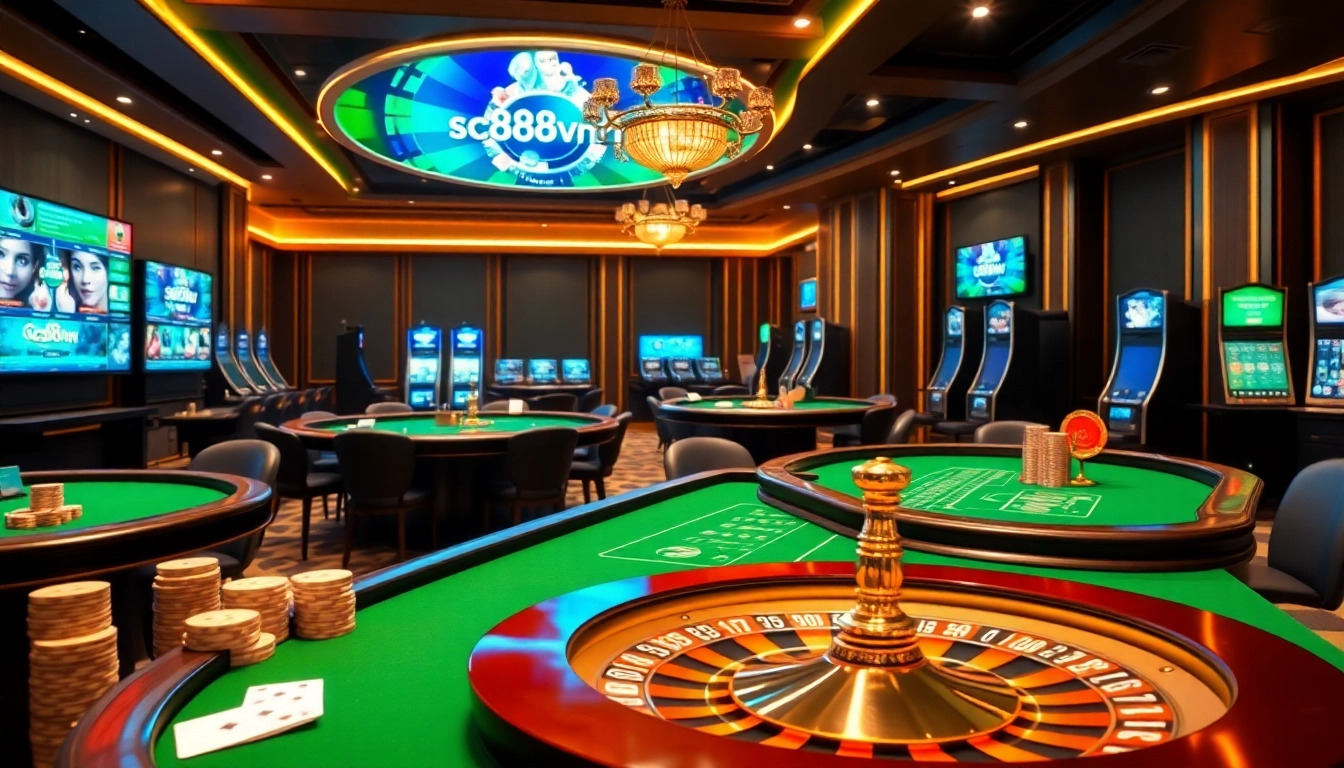 Experience an exciting gaming environment at sc88vn.com with poker chips, casino tables, and vibrant slot machines.