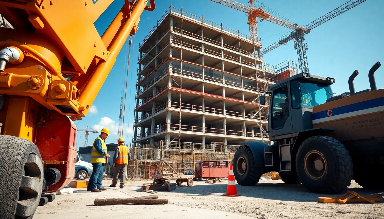 Construction workers actively assembling a building at a busy construction site.