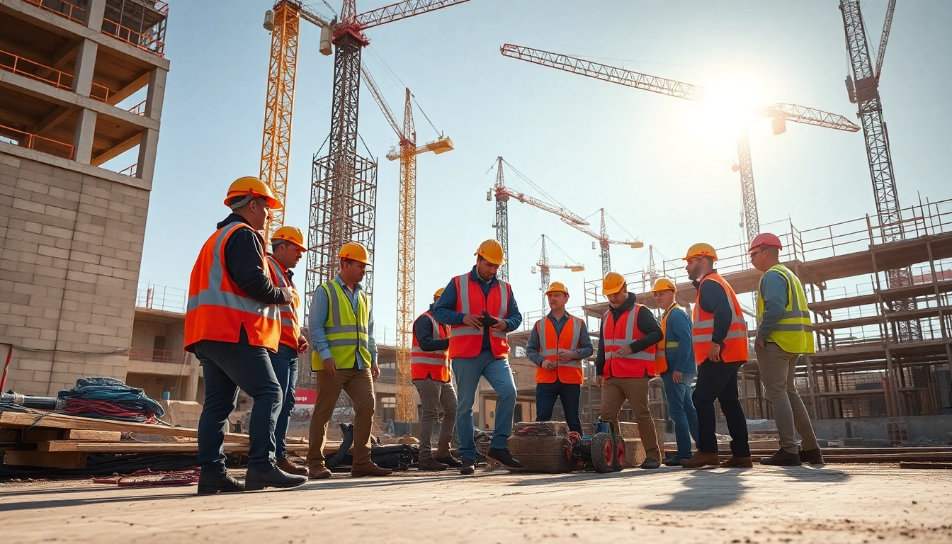 Construction workers collaborating on a safe, bustling construction site with cranes.