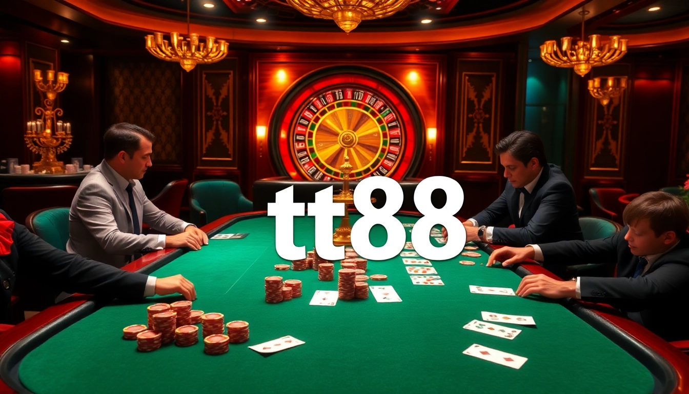 Engaged players at a tt88 poker table experience high-stakes excitement in a luxurious casino setting.